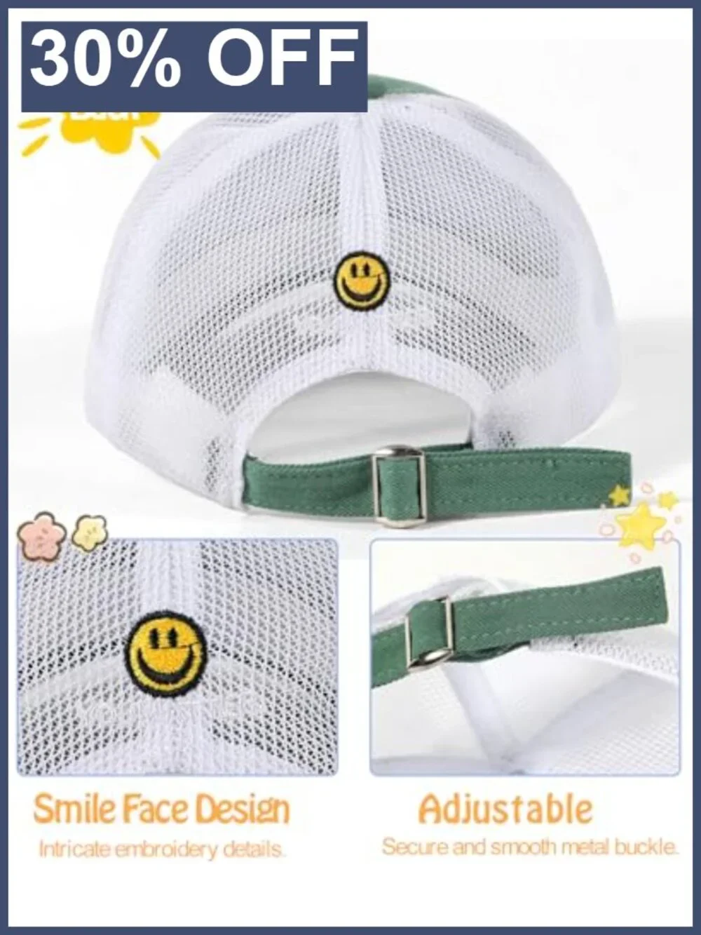 Toddler Kids Smile Face Baseball Cap Mesh Back UPF 50+ Adjustable Trucker Hat
